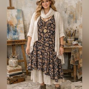 Max & Cleo Floral Artsy Fairy Asymmetrical Hem Drop Waist Midi Dress Size L